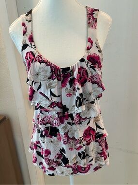 White House Black Market Floral Ruffle Tank with Pink Accents